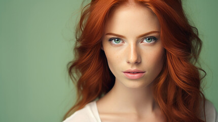 Portrait of an elegant, sexy happy Caucasian woman with perfect skin and red hair, on a light green background, banner.