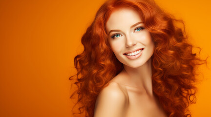 Naklejka premium Portrait of an elegant, sexy smiling woman with perfect skin and long red hair, on an orange background, banner.