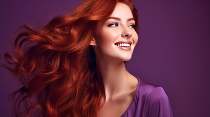 Naklejka premium Portrait of an elegant, sexy smiling woman with perfect skin and long red hair, on a purple background, banner.