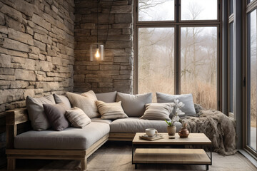 Corner sofa against window in room with stone cladding walls. Farmhouse style interior design of modern living room.