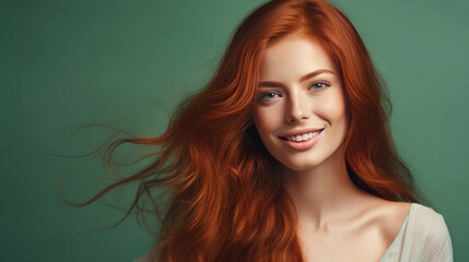 Portrait of an elegant, sexy smiling woman with perfect skin and long red hair, on a light green background, banner.