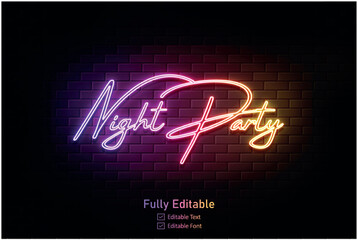 Vector neon effect logo for neon text effect and neon light night party editable text effect and night club