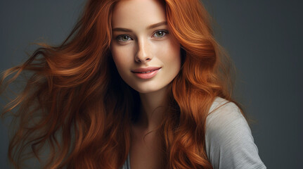 Fototapeta premium Portrait of an elegant, sexy smiling woman with perfect skin and long red hair, on a gray background, banner.