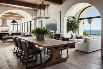 Coastal, mediterranean home interior design of modern dining room with arched ceiling.