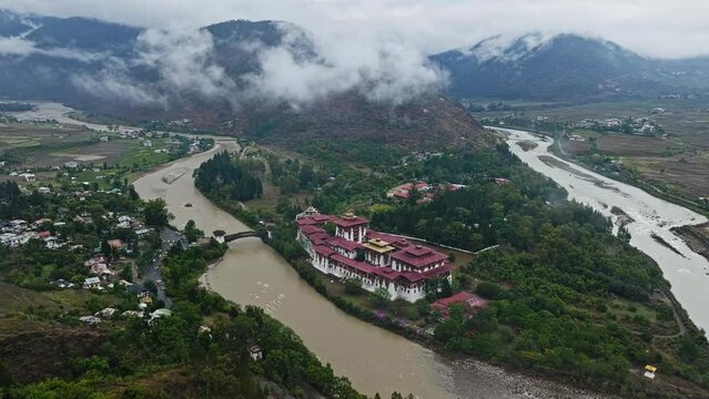 Imposing Punakha Dzong Architecture In Himalayan Mountains In Bhutan, South Asia. Aerial Shot