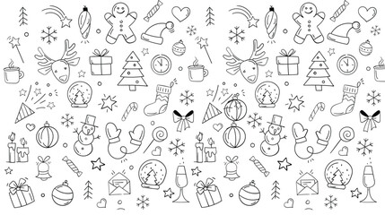 Merry Christmas Happy New Year seamless background pattern. Vector illustration doodles, thin line art sketch icons style concept - obrazy, fototapety, plakaty