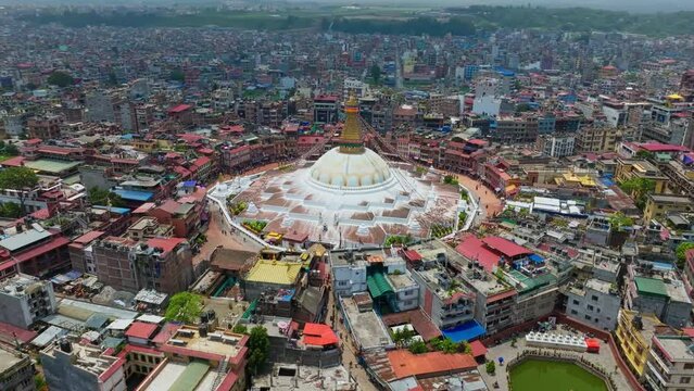 Boudhanath Stupa Beacon Of Buddhists In Kathmandu, Nepal, South Asia. Aerial Shot