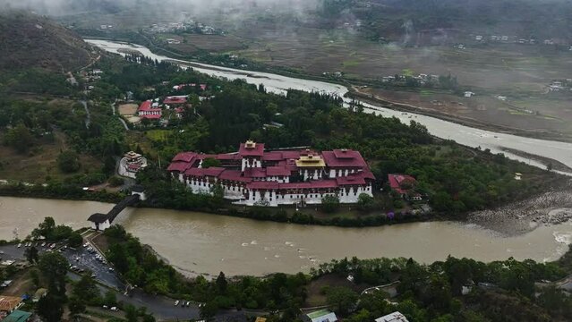 Punakha Dzong Fortress Between The Mo Chhu And Puna Tsang Chu Rivers in Punakha, Bhutan. - aerial