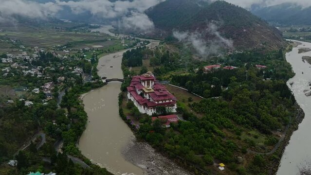 Ancient Monastery Of Punakha Dzong In Punakha, Bhutan, South Asia. Aerial Shot