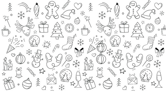 Merry Christmas Happy New Year seamless background pattern. Vector illustration doodles, thin line art sketch icons style concept