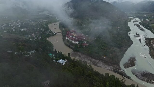 Aerial View Of Pungtang Dechen Photrang Dzong In Punakha, Bhutan, South Asia. 