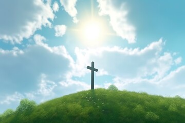 The cross of God with green Leaf, in the rays of the sun and blue sky. Cross on the hill with green trees and graeen natural view. Religious concept.