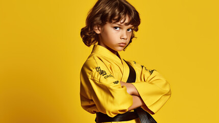 child in kimono isolated on yellow background  - obrazy, fototapety, plakaty