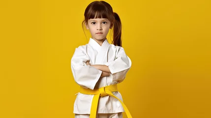 Fotobehang child in kimono isolated on yellow background  © iwaart