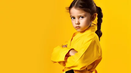 Fotobehang child in kimono isolated on yellow background  © iwaart