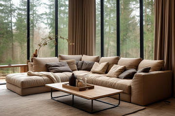 Obraz premium Beige corner sofa against of big windows. Minimalist interior design of modern living room in country house in forest.