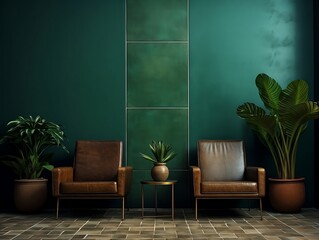 Dark green tiled walls room with two chairs and a plant generative ai