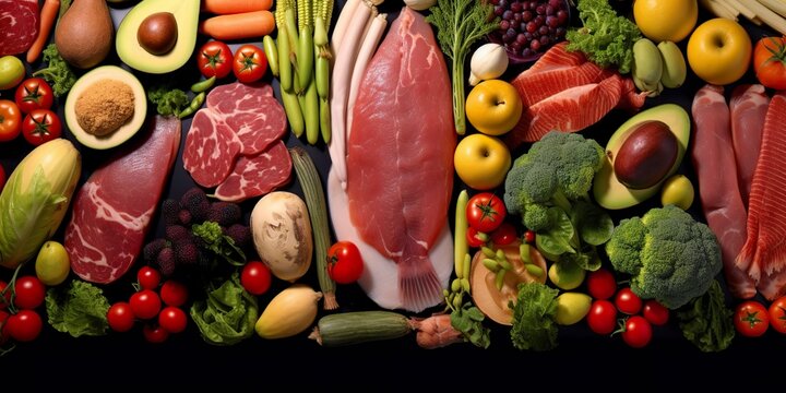 Different types of meats, vegetables, and fruits lay in supermarkets.
