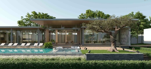 Modern Luxury  View Pool Villa - 3D rendering of new residential building