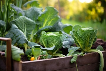 Fresh organic Brussels sprouts growing in the garden. Growing own fruits, vegetables.