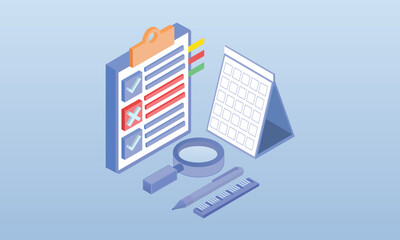 Right and wrong clipboard and calendar.on blue background.3D design.isometric vector design Illustration.