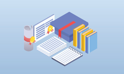 Education license certificate graduation. Micro people with large cap book, graduate certificate. Creative people collection.on blue background.3D design.isometric vector design Illustration.