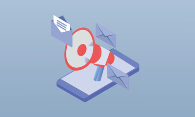 Email marketing concept.smartphone with megaphone and soars email like speech bubble.on blue background.3D design.isometric vector design Illustration.