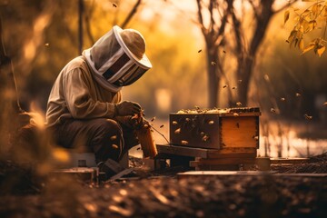 A beekeeper working in his apiary catching bees and harvesting honey from the honeycomb - obrazy, fototapety, plakaty