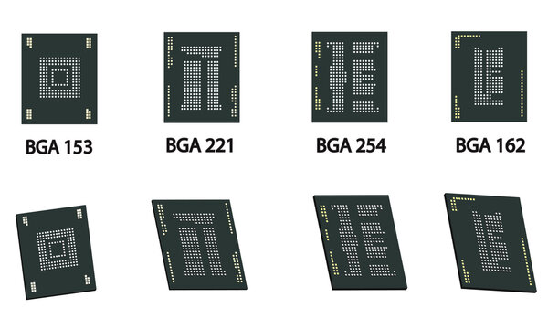 illustration of processor electronic components or IC or integrated circuit, ufs, emmc, and smd components