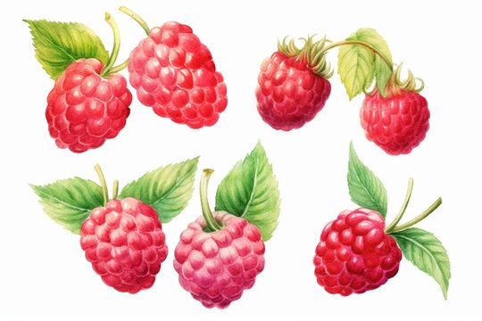 Watercolor illustrations of hand-drawn raspberry set. Generative AI