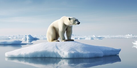 Polar bear on ice floe. Melting iceberg and global warming.