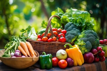 Variety of fresh organic vegetables and fruits in the garden.