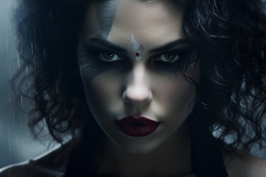 Beauty, fashion, make-up, Halloween concept. Beautiful brunette woman with joker makeup on her face looking at camera