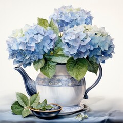 Watercolor hydrangeas in teapot isolated on white background.