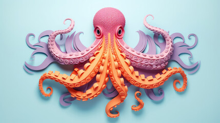 Octopus made in paper cut craft,  Layered paper,  Paper craft,  Minimal design,  Pastel color - obrazy, fototapety, plakaty