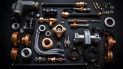 Top view of the plumbing equipment on a black background - obrazy, fototapety, plakaty