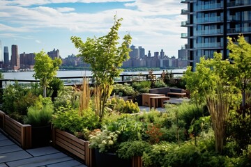 A stylish city rooftop garden offering views of the urban landscape. Generative AI
