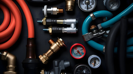 Top view of the plumbing equipment on a black background