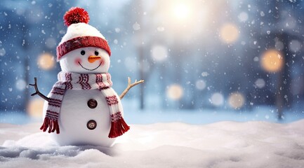 Naklejka na ściany i meble Happy snowman in the winter scenery.