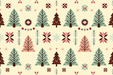 Christmas vintage ethnic seamless pattern decorated with trees. design for background, wallpaper, fabric, carpet, web banner, wrapping paper. embroidery style. 