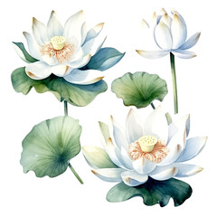 Set of white lotus floral watecolor. white lotus flower, Floral poster, invitation floral. Vector arrangements for greeting card or invitation design	