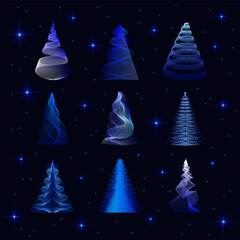 Set of unusual light blue Christmas trees with a gradient on starry sky background