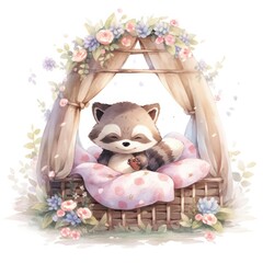 Obraz na płótnie Canvas A sleepy baby raccoon in a bedding. watercolor illustration.