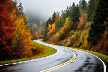 A winding road in a forested area during autumn, double yellow line in the center. The trees on either side of the road are a mix of orange, yellow, and green, autumnal