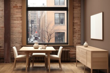 A blank mockup frame is positioned in a modern dining room, offering a street view backdrop, creating an ideal setting for showcasing artwork or photographs. Photorealistic illustration