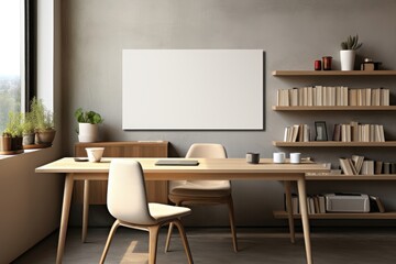A blank mockup canvas is hung on the wall in a home office, providing a professional and inspiring backdrop for displaying artwork or photographs. Photorealistic illustration
