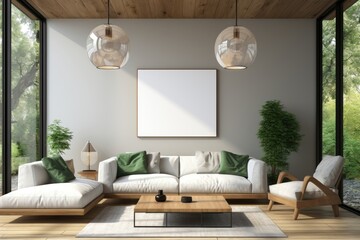 A blank mockup frame is positioned on a wall in a sunlit and cozy living room with a rustic ambiance, creating a warm and inviting space for showcasing artwork. Photorealistic illustration