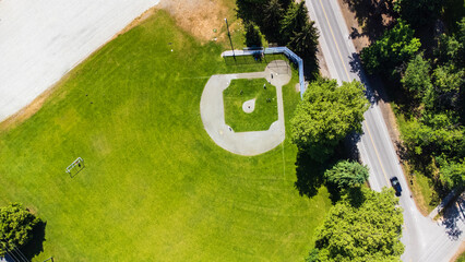 Top down view over a baseball field on a sunny day. 