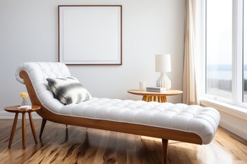 Fototapeta na wymiar An empty mockup frame is placed on a white wall in a room with a chaise longue, offering a serene and picturesque setting for displaying artwork. Photorealistic illustration