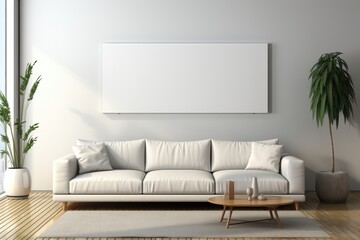 An empty horizontal mockup canvas is placed on a white wall in a sunlit living room, providing a clean and well-lit space for displaying artwork. Photorealistic illustration